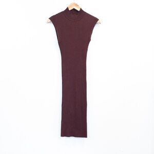 Pink Rose Brown Mock Neck Cap Sleeve Cutout Ribbed Midi Dress Extra Small